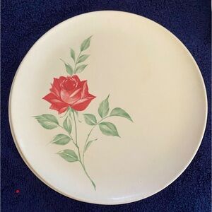 Two Vintage Mid Century Aztec Red Rose Melmac Melamine Dinnerware Plates